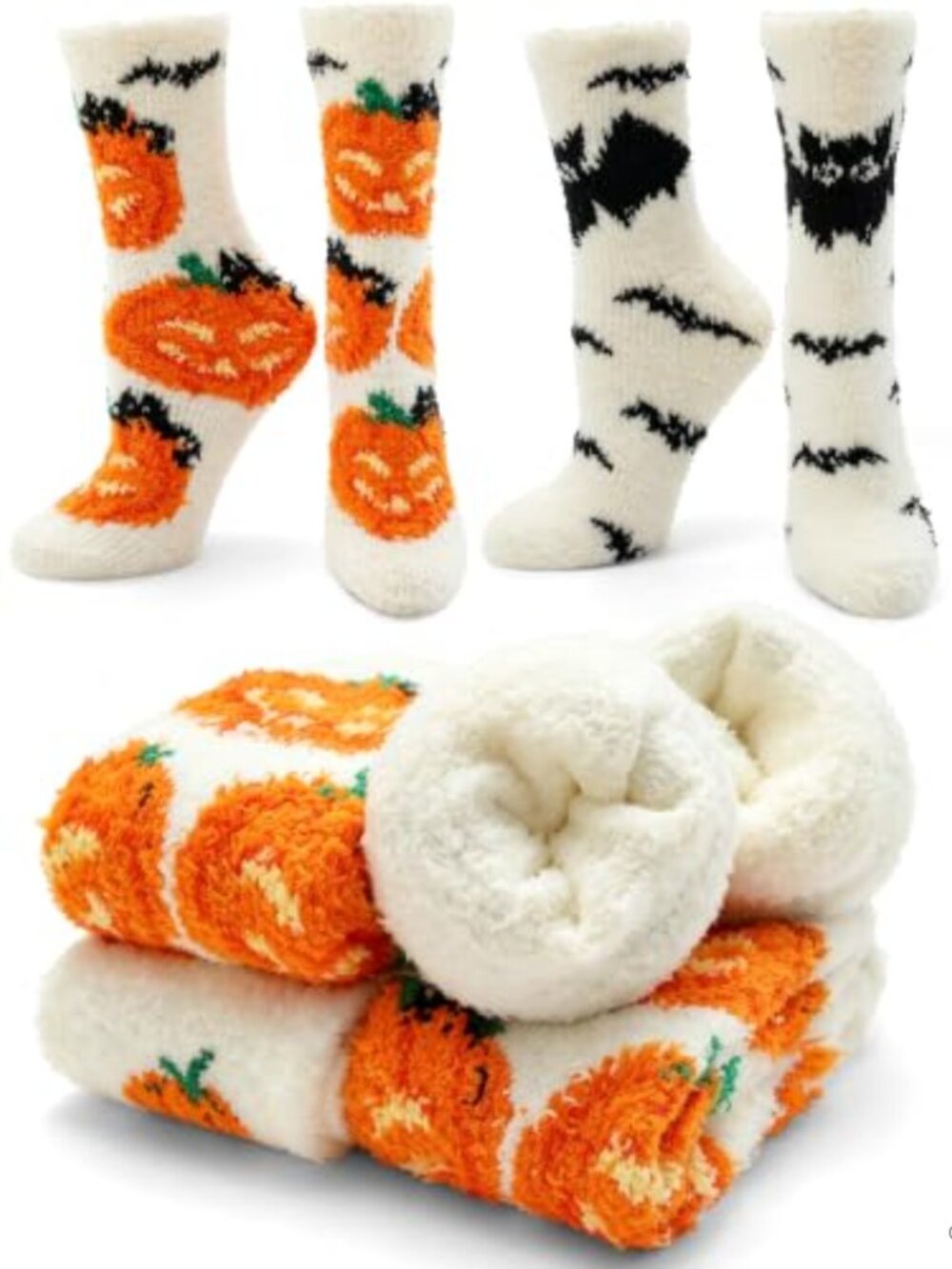 Halloween Fuzzy Slipper Socks for Women 2 Pairs Bat Pumpkin Cozy